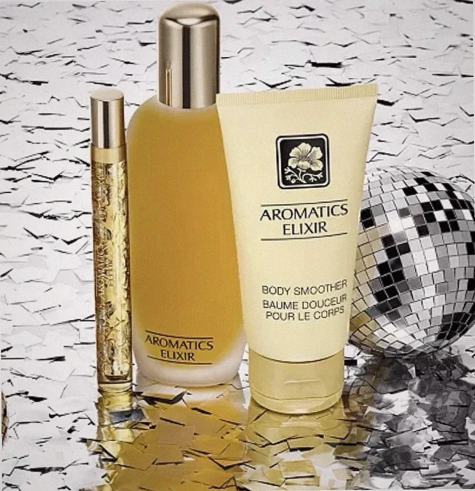 Clinique Aromatics Elixir 3pc Set 3.4oz &.34oz Perfume Spray 2.5oz Body Smoother