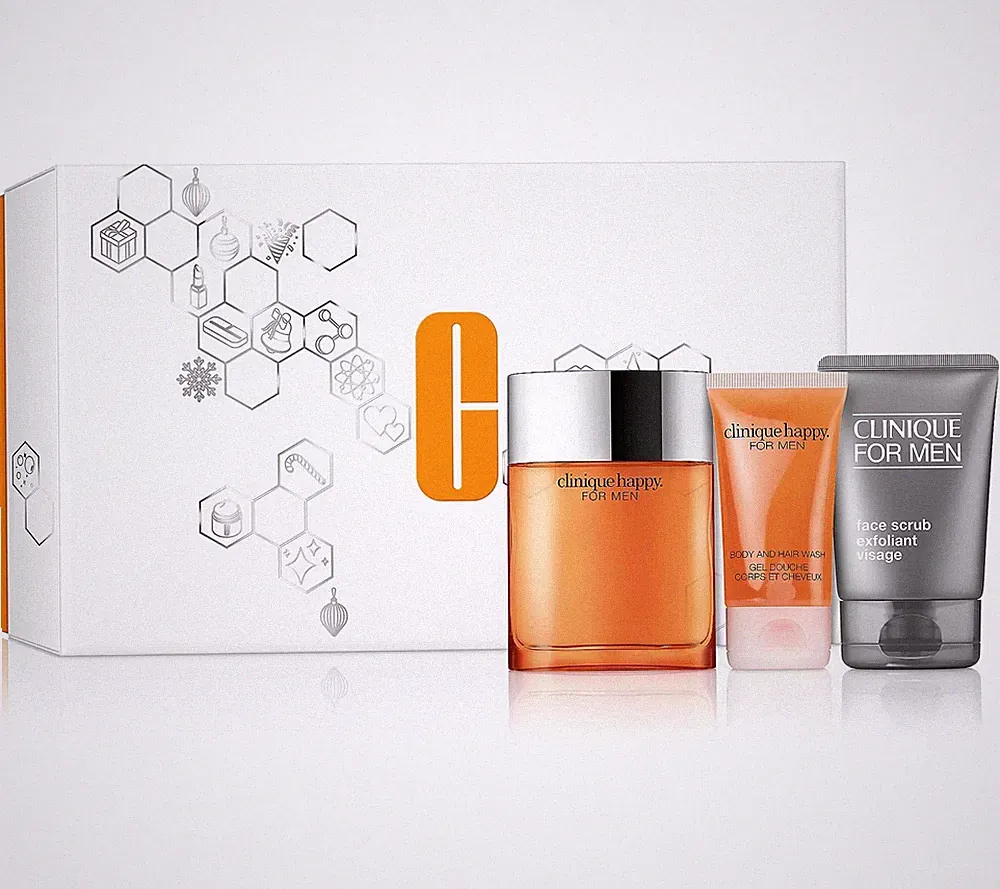 Clinique Happy For Him 3-pc Gift Set Men Perfume 3.4oz + Scrub+ Body / Hair Wash