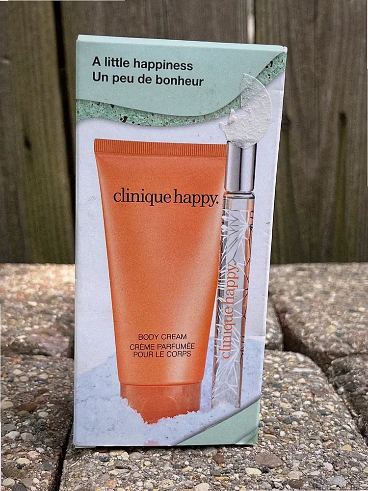 NOS Boxed 2p clinique happy 2.5 oz body cream .34 oz perfume spray travel size